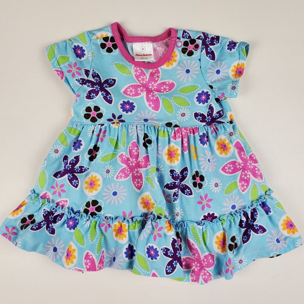 Hanna Andersson Floral Ruffle Dress Outfit Short Sleeve Blue Flower Size 60 3/6M
